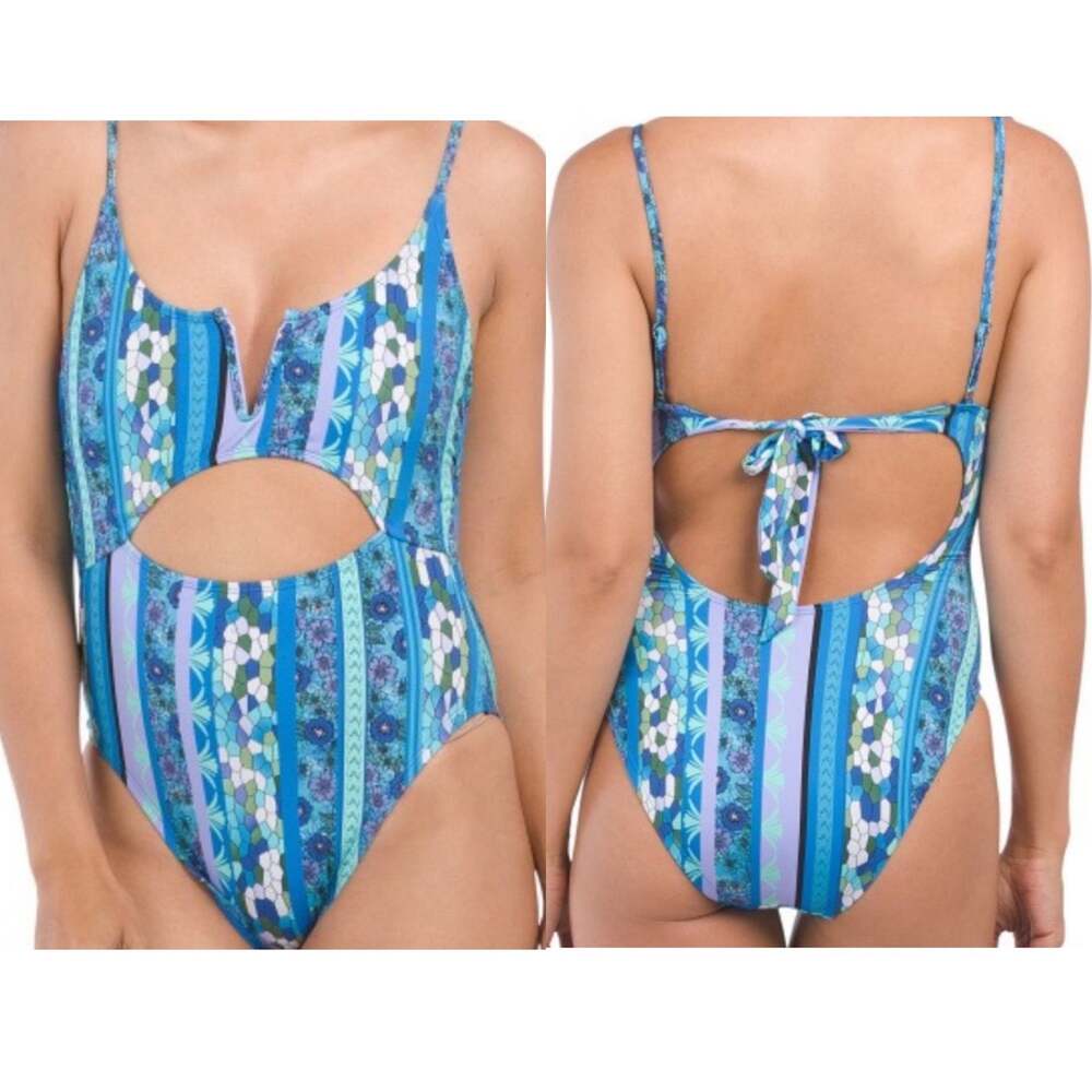 Lucky Brand Women's Blue Floral Graphics V-neck Cutout One Piece Swimsuit Size L